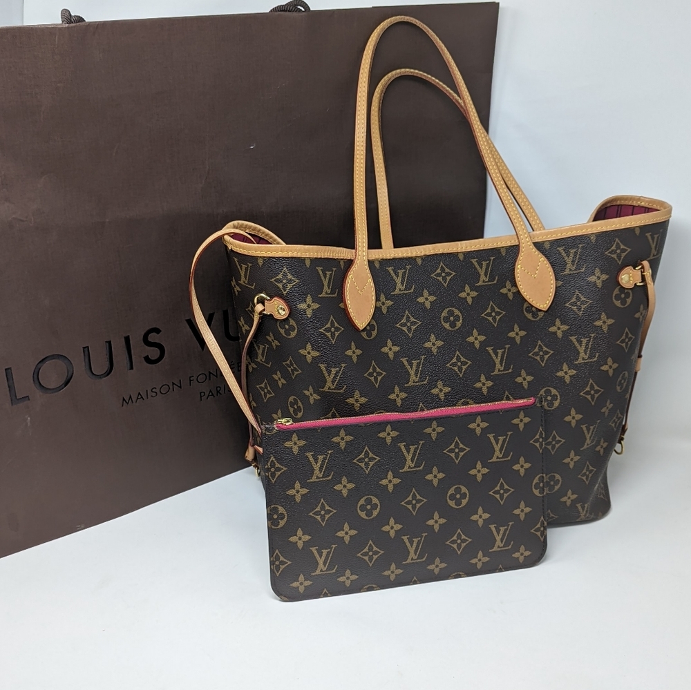 🎉LOUIS VUITTON NEVERFULL MM TOTE MONOGRAM PIVOINE PINK SET!POUCH W/ STRAP! 🎉LV
